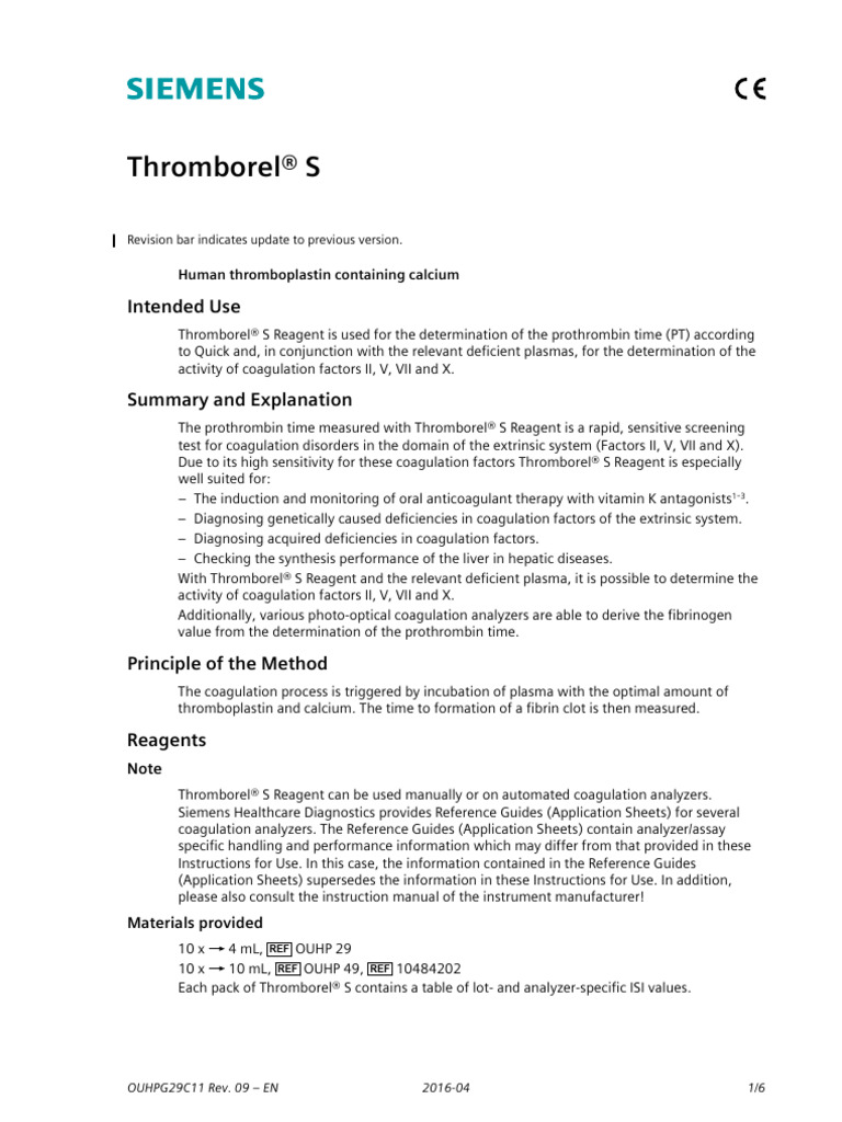 Thromborel® S Prothrombin Time Reagent | PDF | Coagulation | Medical ...