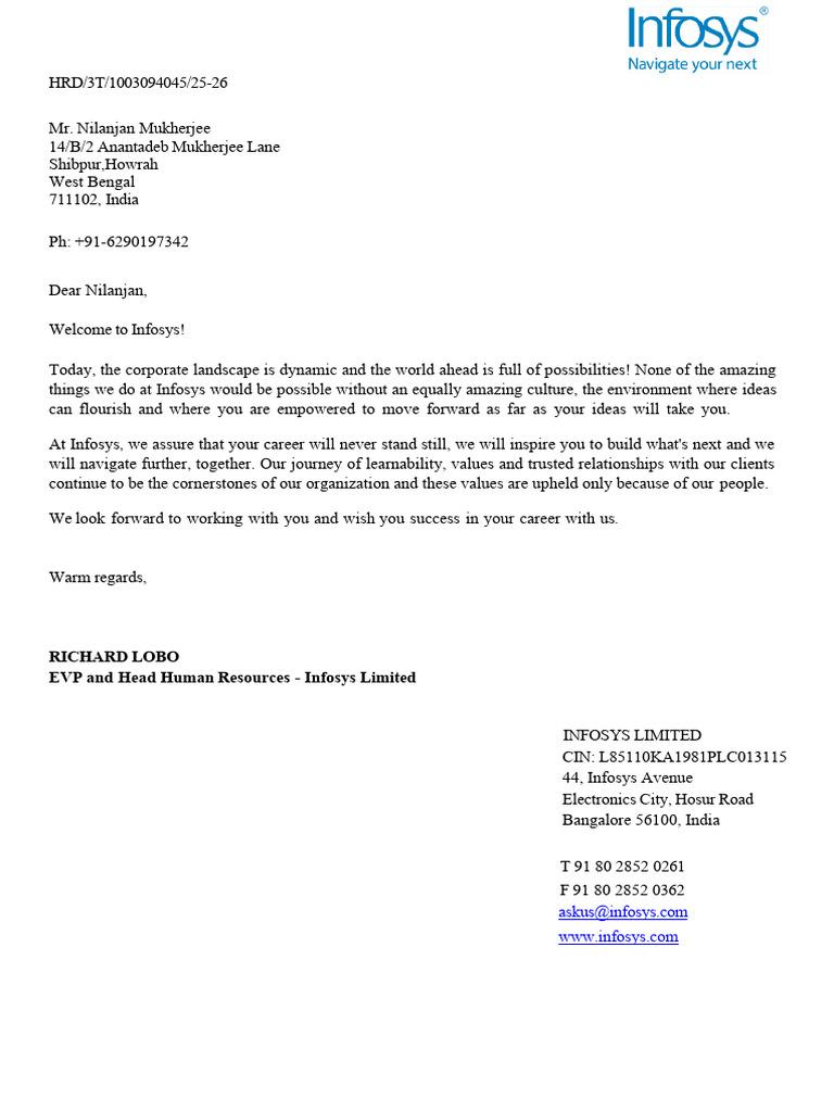 Infosys - Offer - Letter (Nilanjan Mukherjee Final Colour) | PDF ...