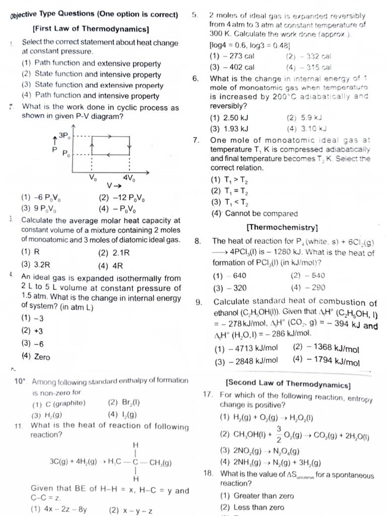 Thermodynamics Practice Questions Pdf Enthalpy Chemical Reactions