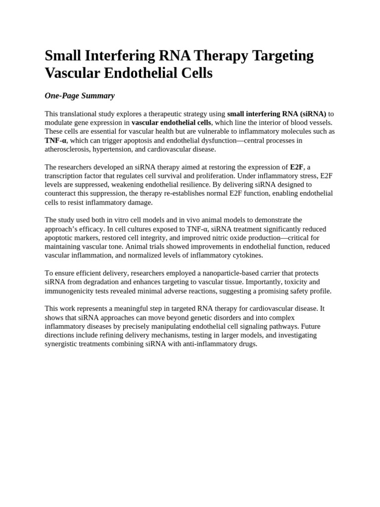 Small Interfering RNA Therapy Targeting Vascular Endothelial Cells | PDF