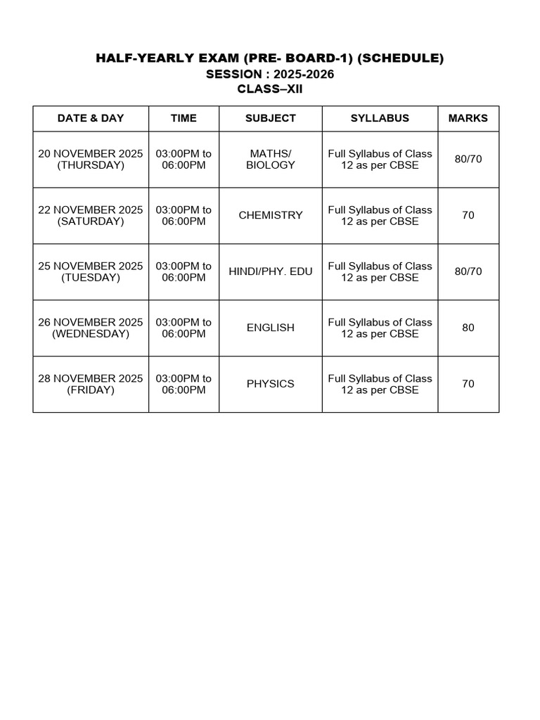 Class 12 Half-Yearly Exam Schedule 2025 | PDF