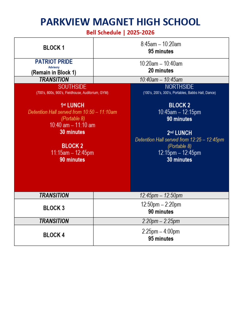 Parkview Magnet High School Bell Schedule | PDF