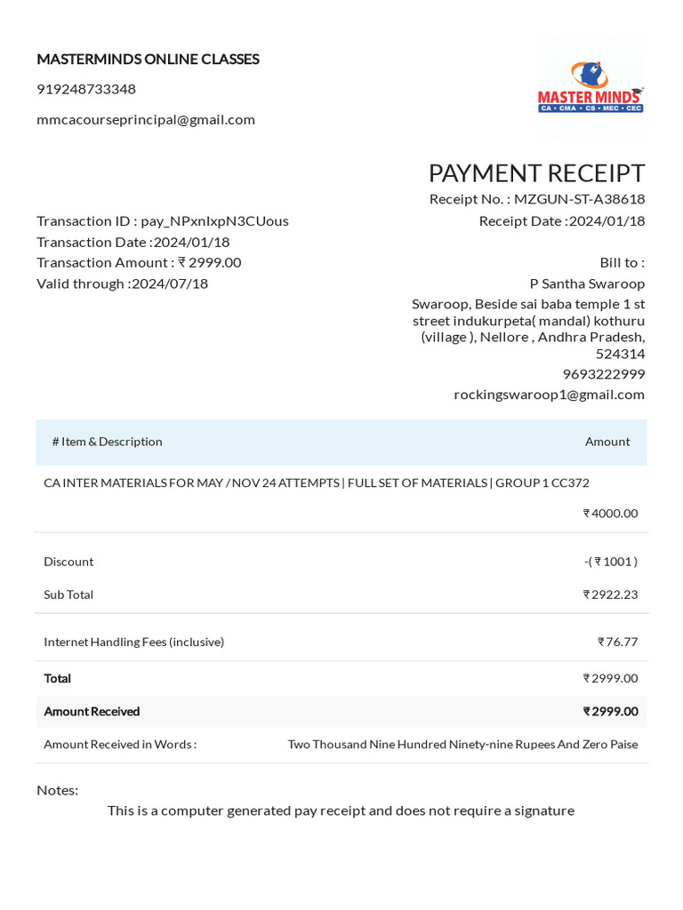 CA Inter Course Payment Receipt | PDF
