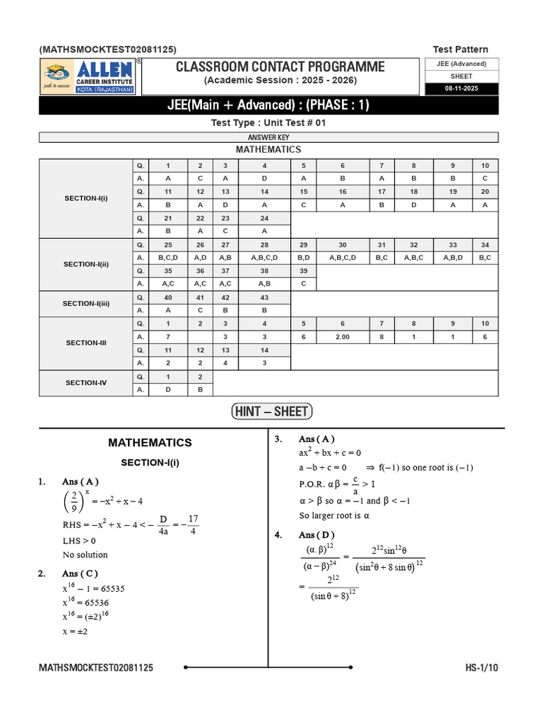 JEE Advanced Mathematics Mock Test 2025 | PDF | Mathematics ...