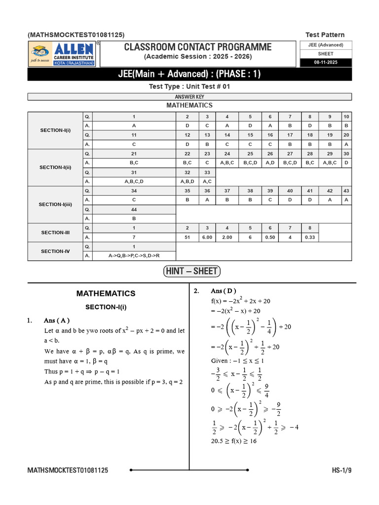 JEE Advanced Mathematics Mock Test 2025 | PDF | Mathematics