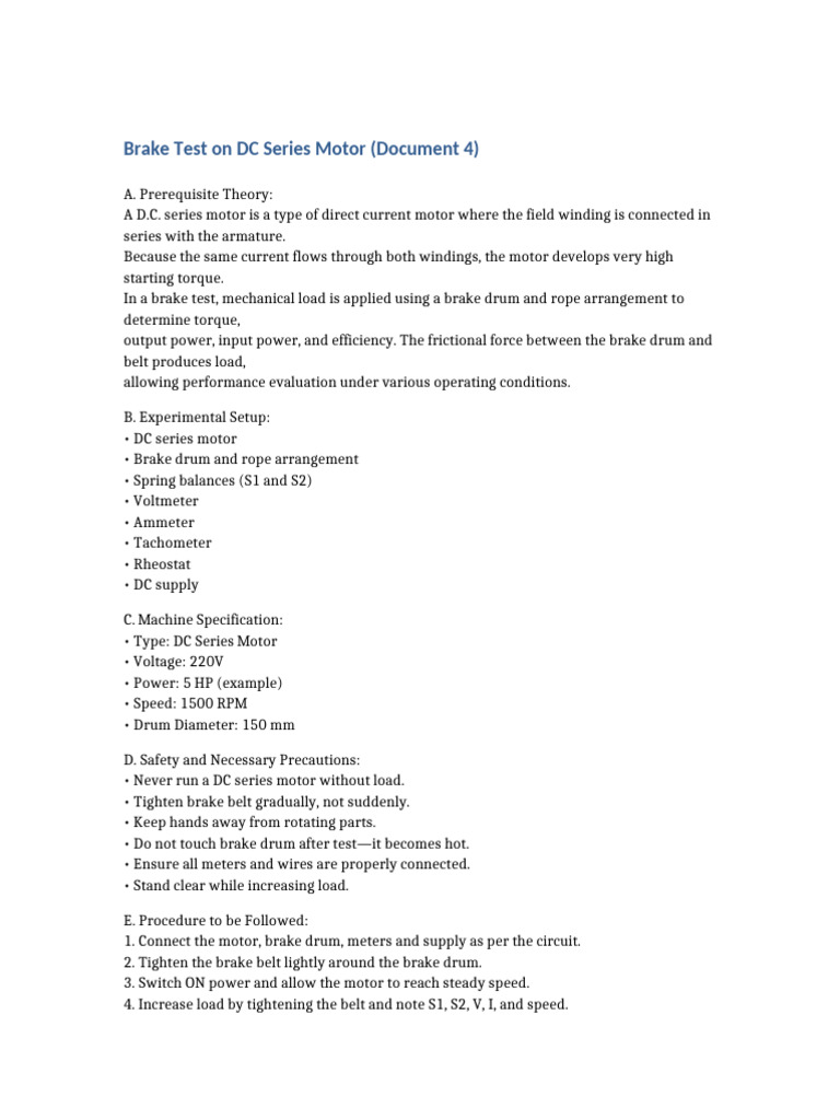 Brake Test DC Series Motor FULL 4 | PDF