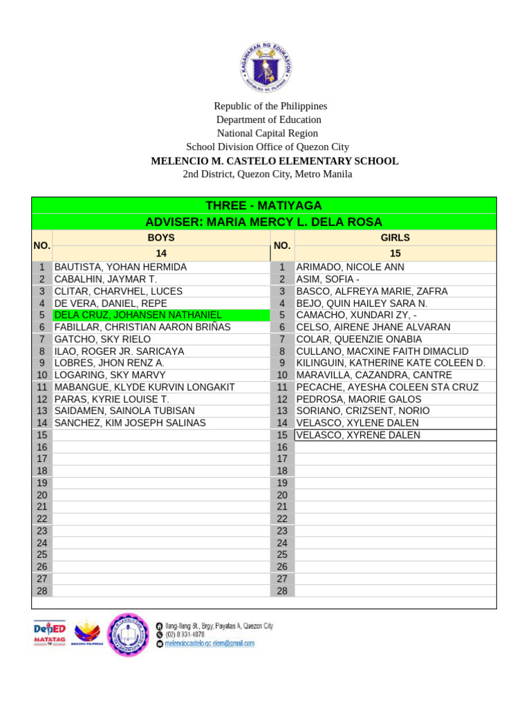 Class Roster for Matiyaga Grade 3 | PDF