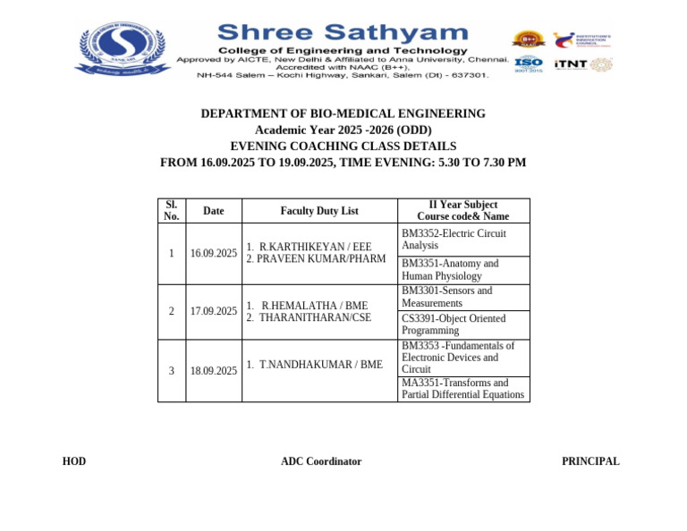 Bme Evening Coaching Time Table | PDF