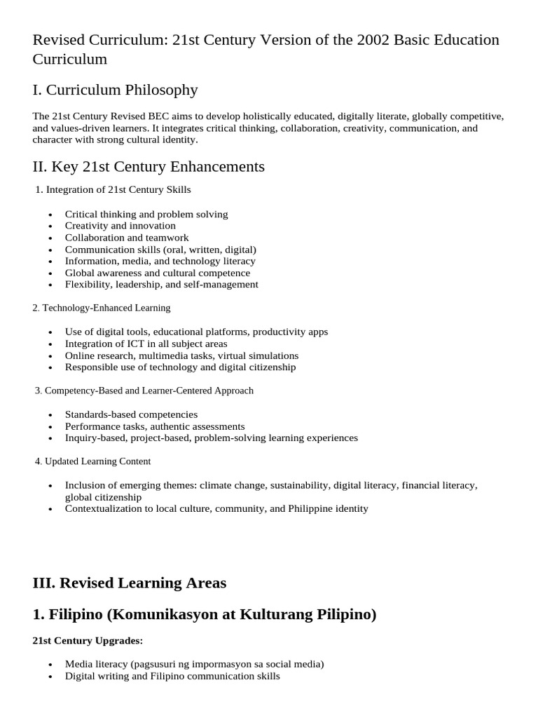 21st Century Revised Basic Education Curriculum | PDF | Mathematics ...