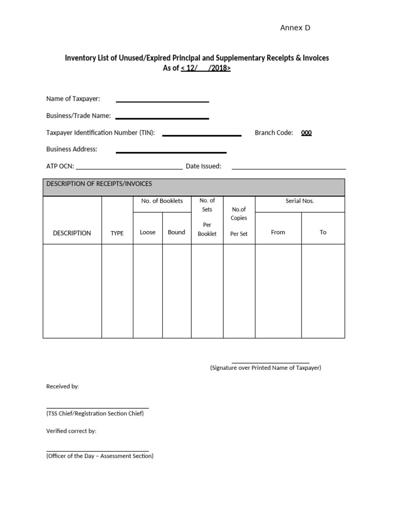Inventory of Unused Tax Receipts | PDF