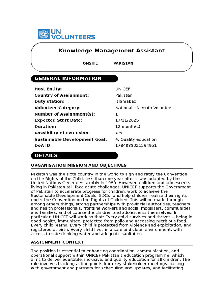 UNICEF Knowledge Management Role in Pakistan | PDF | Unicef