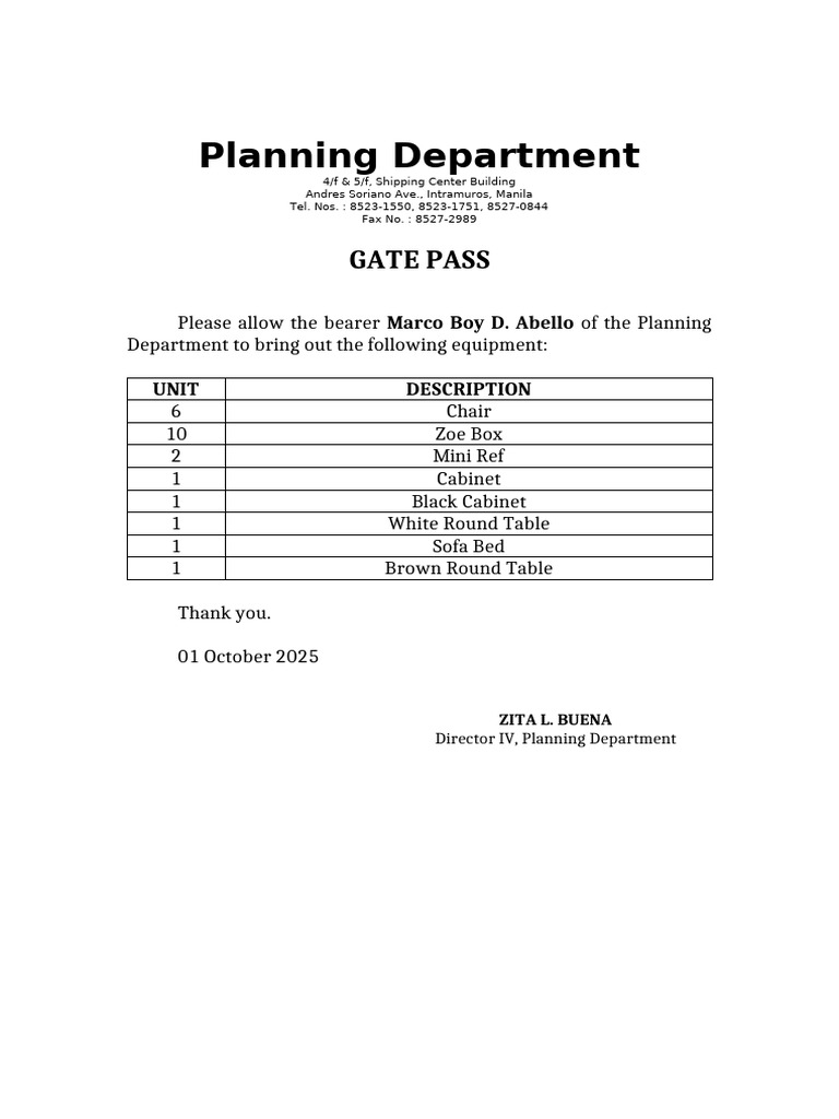 Planning Department Gate Pass Request | PDF