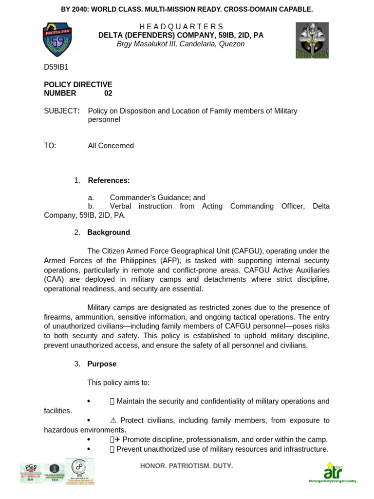 CAFGU Family Access Policy Directive | PDF | Military | Civilian