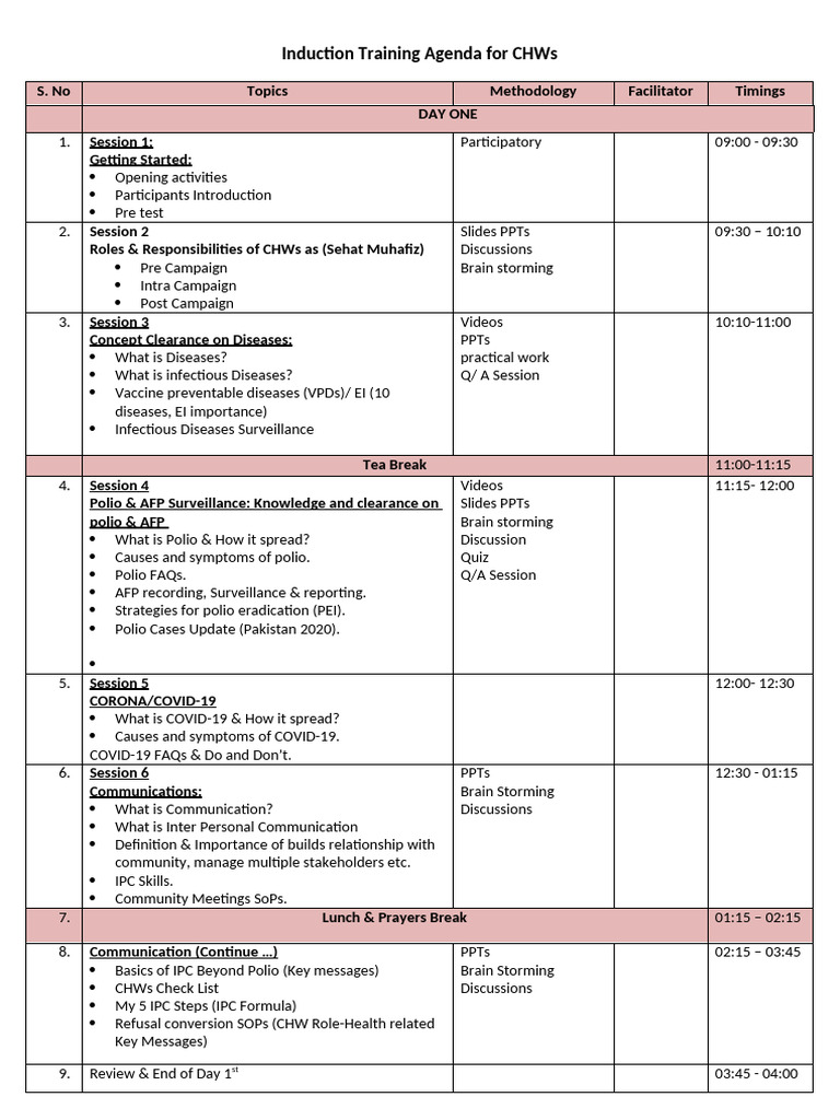 CHW Induction Training Agenda | PDF | Vaccination | Health Sciences