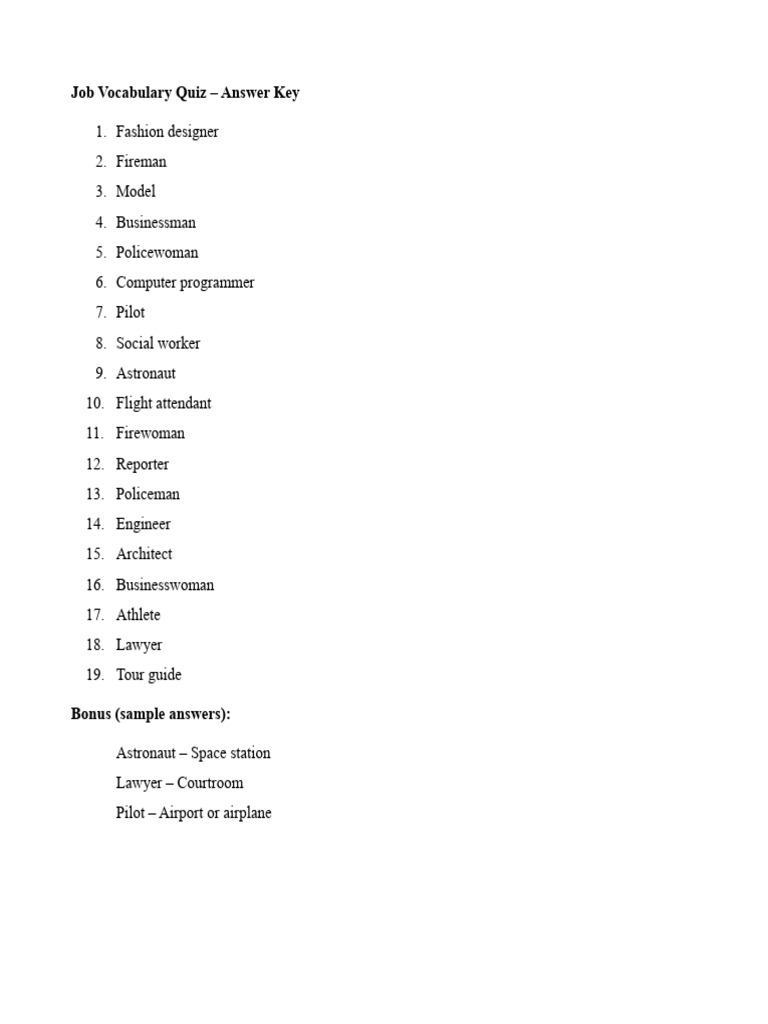 Job Vocabulary Quiz Answer Key | PDF