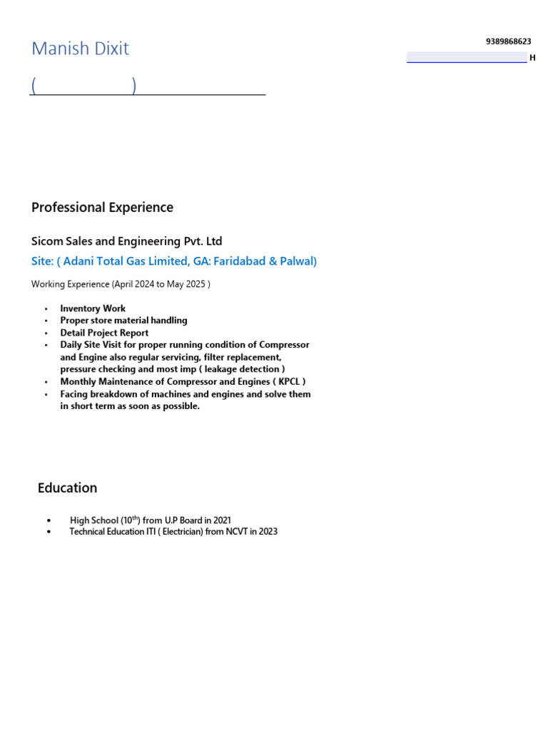 Technician Resume of Manish Dixit | PDF