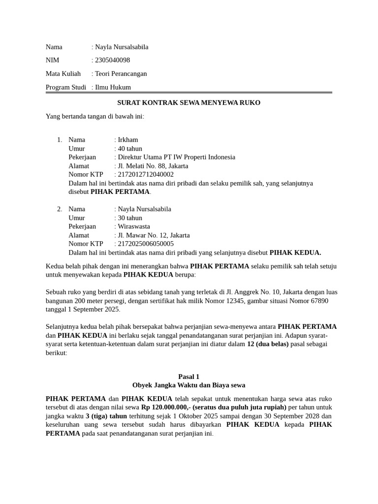 Kontrak Sewa Ruko Jakarta 2025-2028 | PDF
