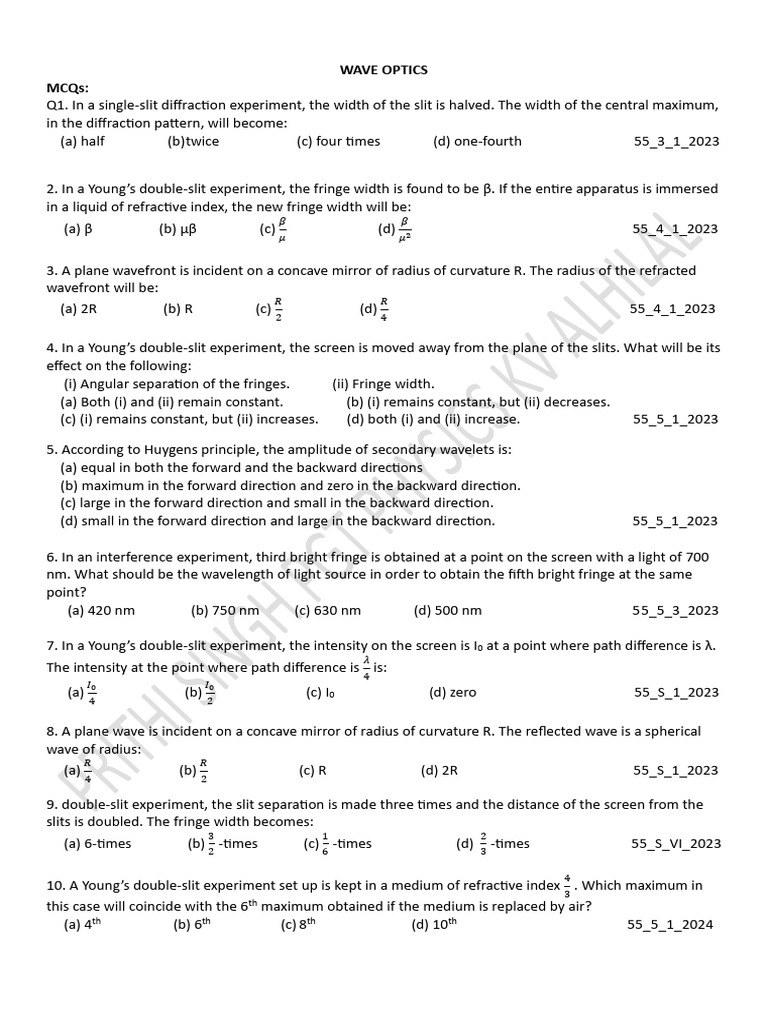 Wave Optics MCQs and Assertions Guide | PDF | Diffraction | Wavelength