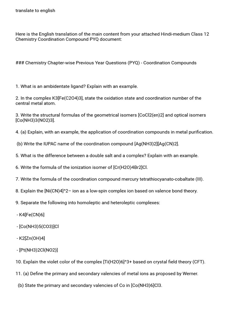 Coordination Compounds PYQ for Class 12 | PDF | Coordination Complex ...