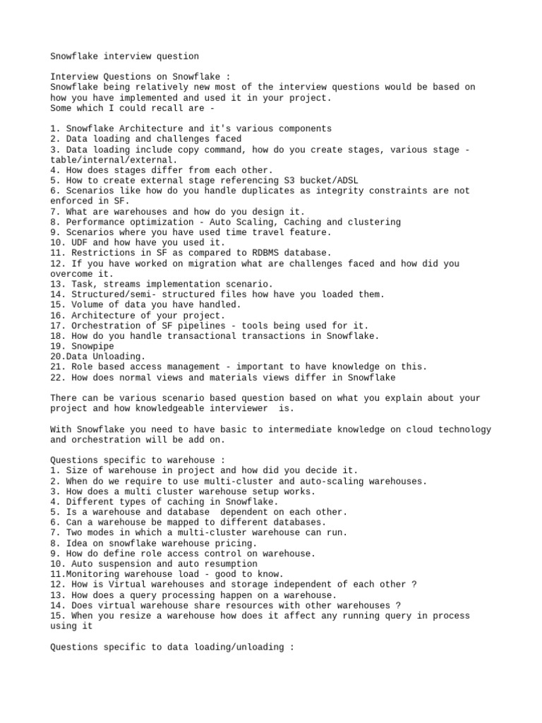 Essential Snowflake Interview Questions | PDF | Databases | Warehouse