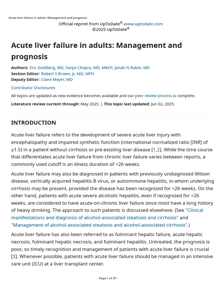 Acute Liver Failure in Adults - Management and Prognosis | PDF ...