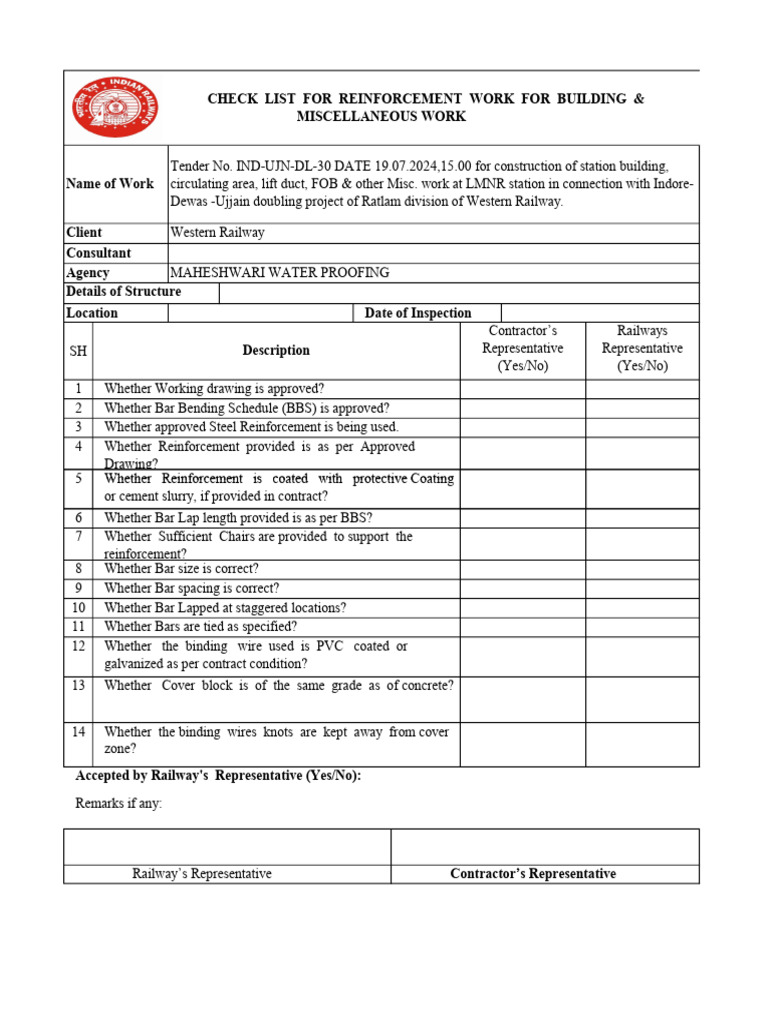 Railway Reinforcement Work Checklist | PDF