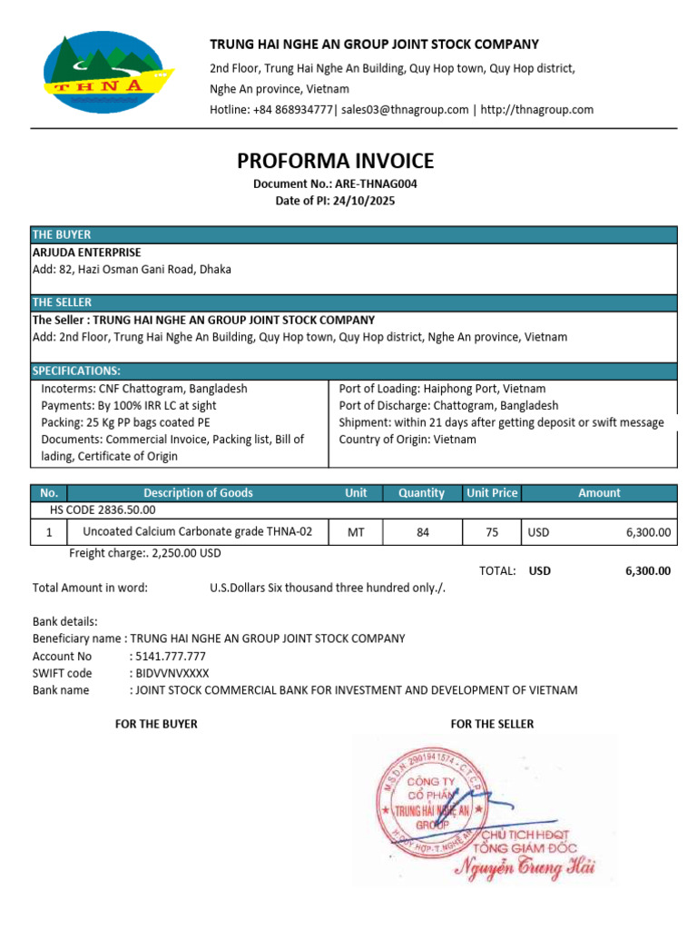 Proforma Invoice for Calcium Carbonate | PDF