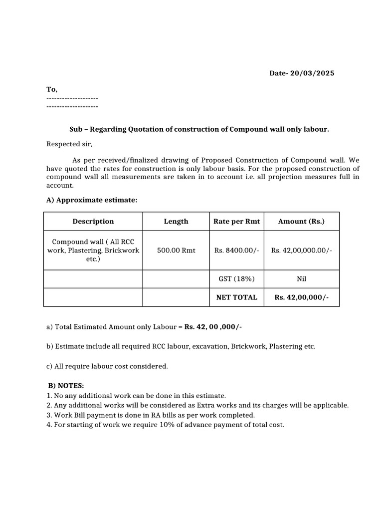 Compund Wall Quotation | PDF