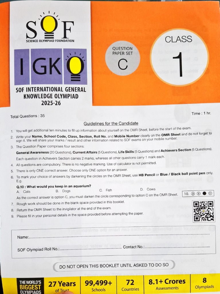SOF International GK Olympiad 2025-26 | PDF