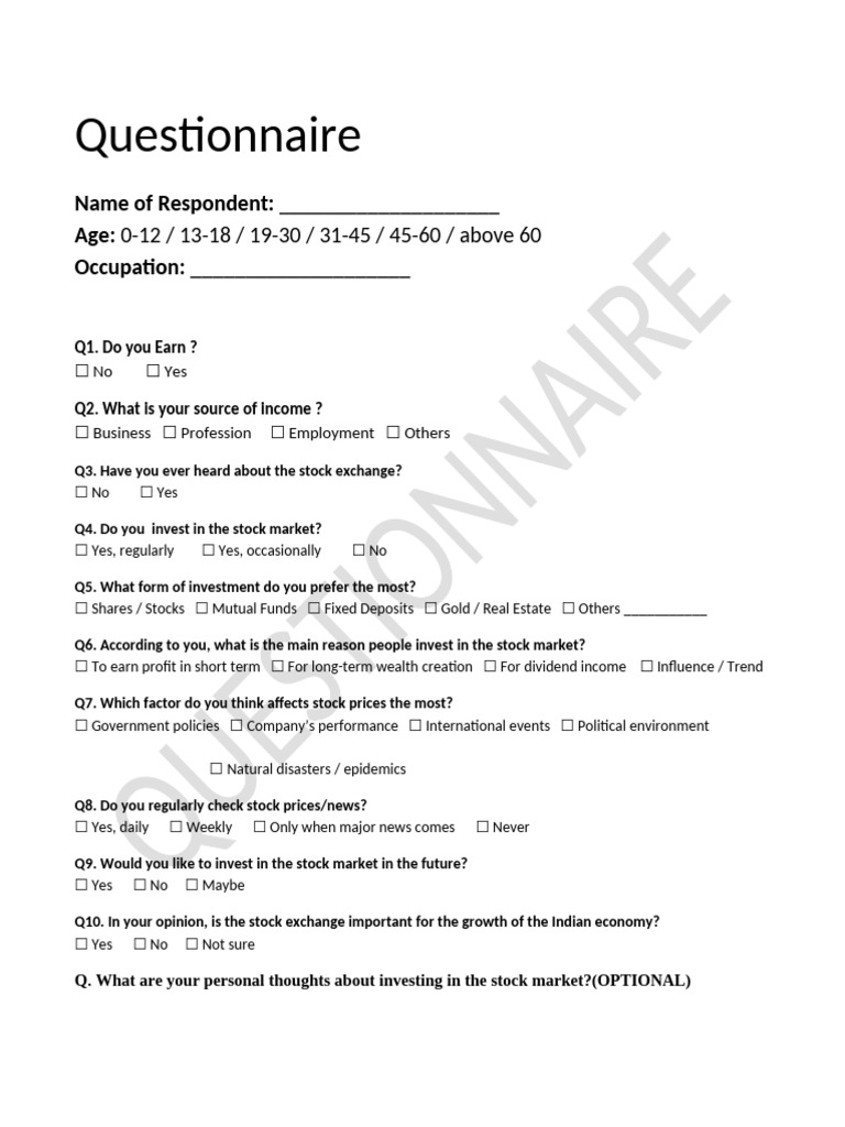 Stock Market Investment Questionnaire | PDF
