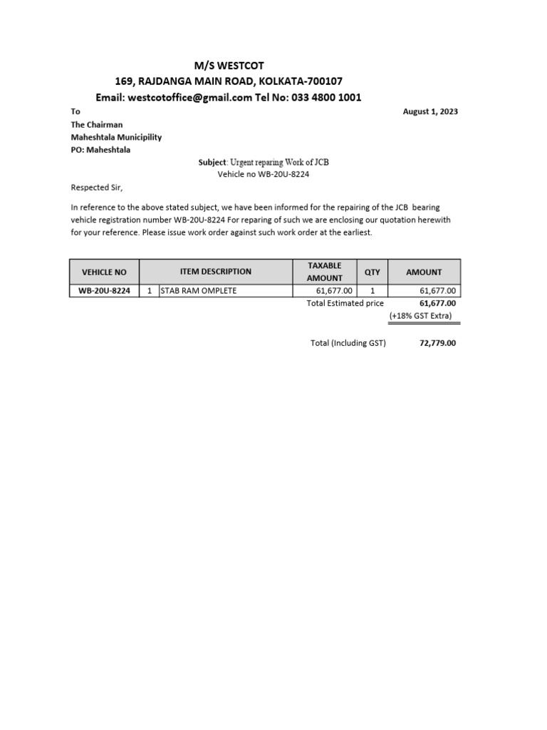 JCB Repair Quotation for Maheshtala | PDF