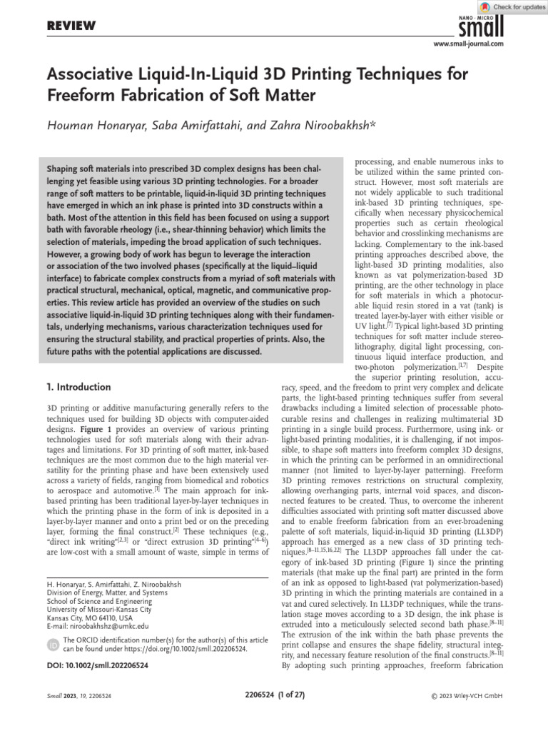 Associative Liquid‐In‐Liquid 3D Printing Techniques for Freeform ...