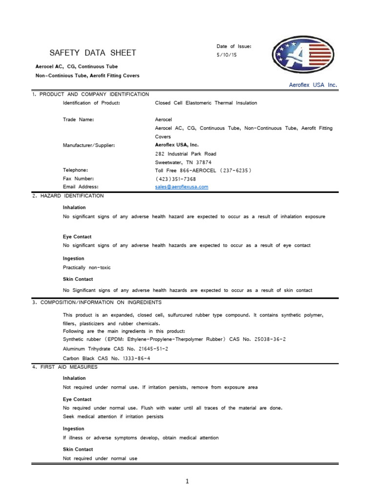 Aerocel Safety Data Sheet Overview | PDF | Firefighting | Materials