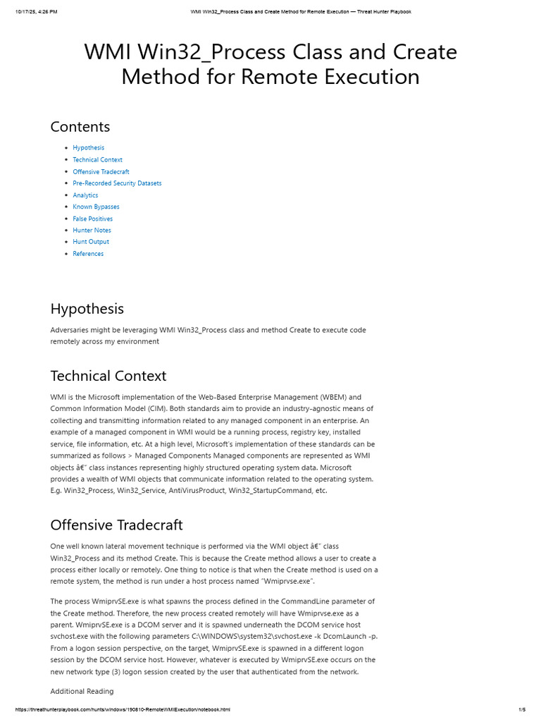 WMI Win32_Process Class and Create Method for Remote Execution — Threat ...