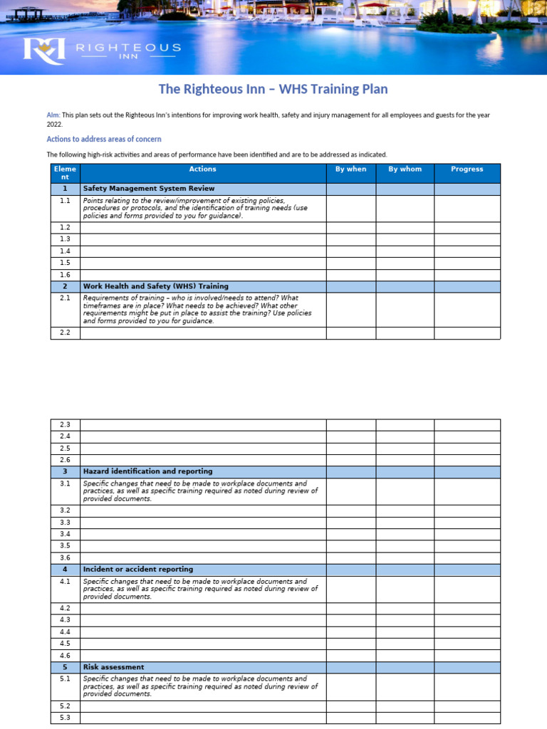 Righteous Inn - WHS Training Plan Template | PDF | Occupational Safety ...