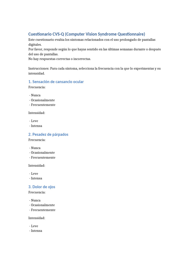 Cuestionario sobre Síntomas Oculares Digitales | PDF