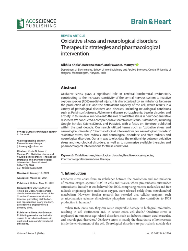 Oxidative Stress in Neurological Disorders | PDF | Cognitive Behavioral ...