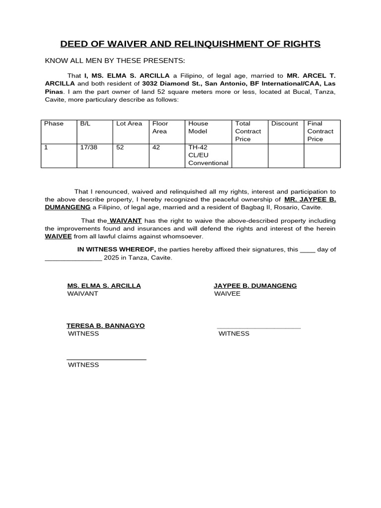 Waiver of Property Rights Document | PDF | Business Law | Natural ...
