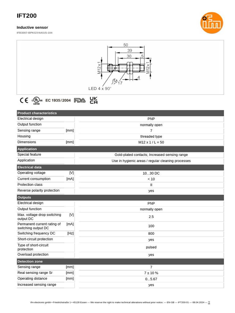 IFT200 Inductive Sensor Specifications | PDF | Electronics | Power ...