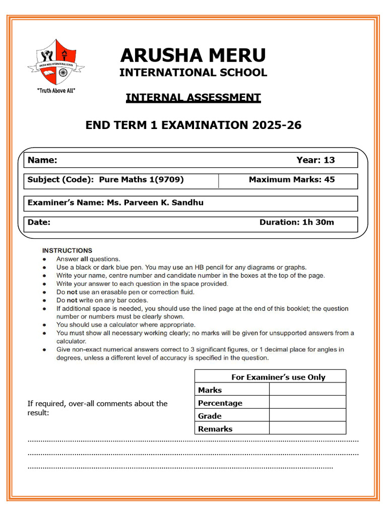 Year 13 Pure Maths 1 Exam 2025-26 | PDF