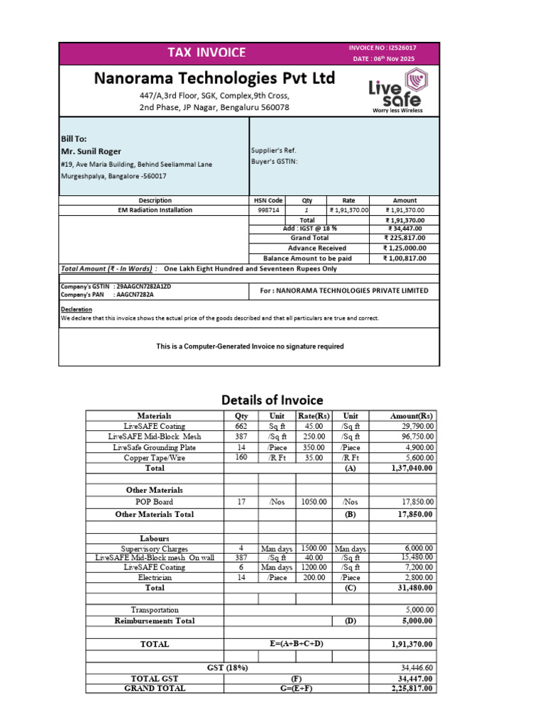 Tax Invoice for EM Radiation Installation | PDF | Invoice | Payments