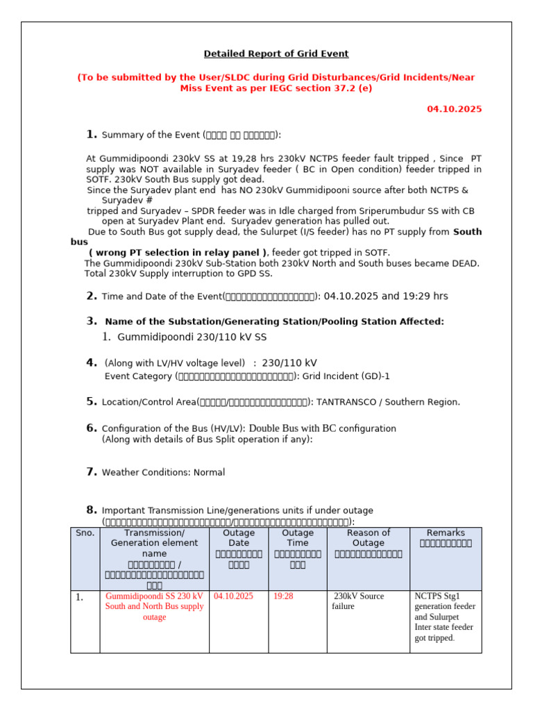 Iegc - Bus Outage - Analysis Report - Model Format To Be Submitted ...