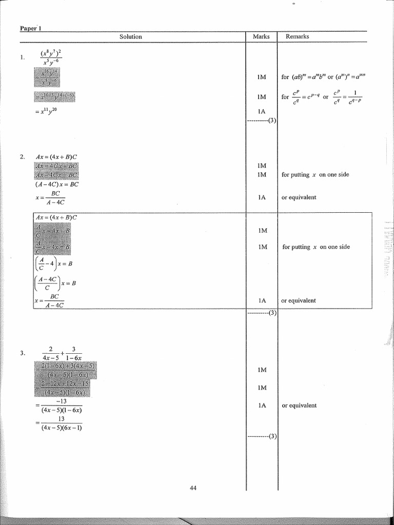 HKDSE Math 2016 I Marking Scheme | PDF