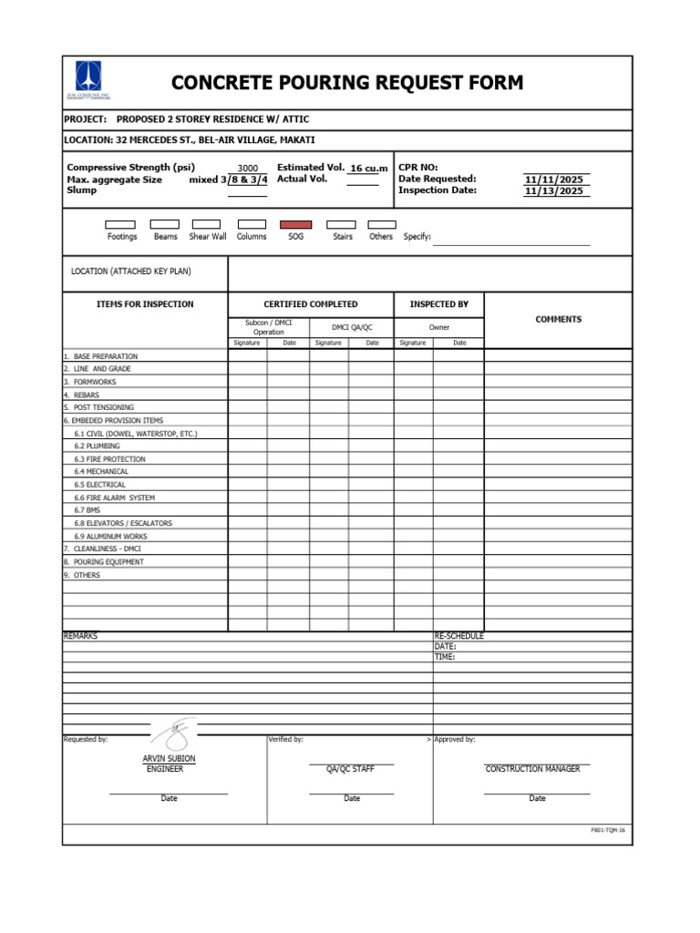 Concrete Pouring Request Form | PDF | Chess | Chess Theory