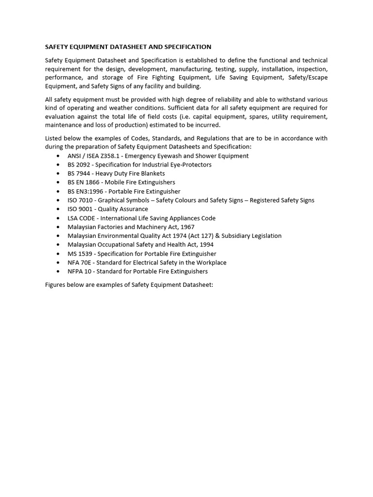Safety Equipment Datasheet & Specification | PDF