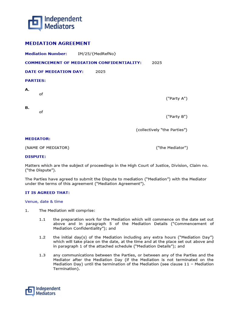Mediation Agreement Template 2025 | PDF | Mediation | Indemnity