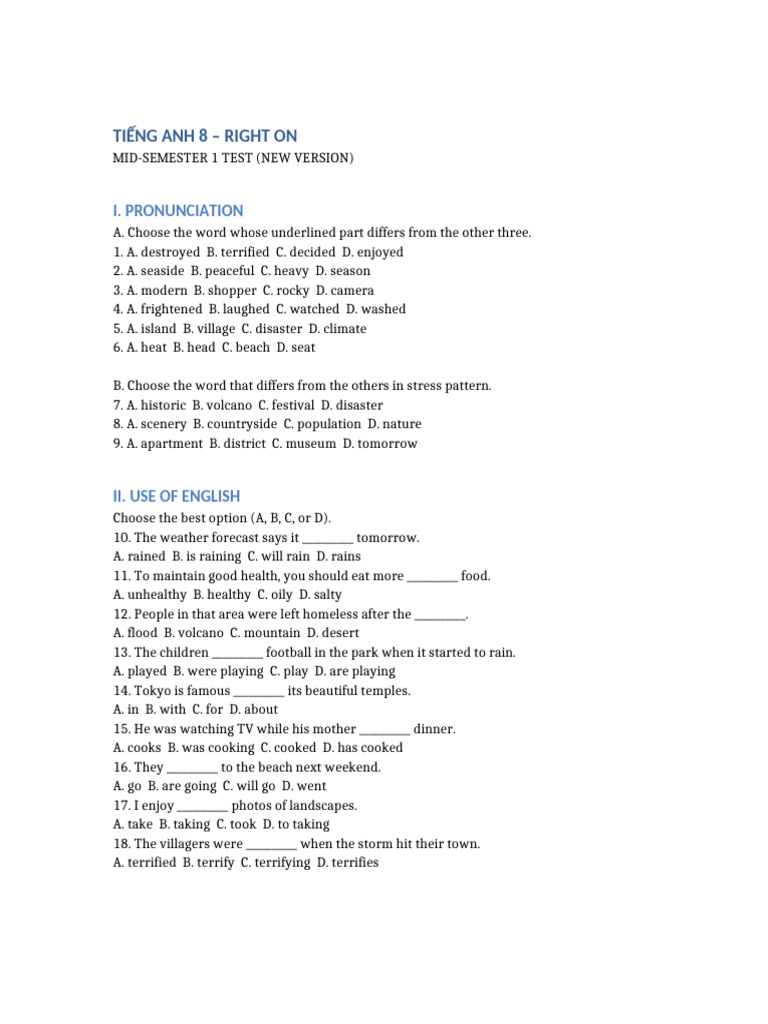 Mid-Semester English Test for Grade 8 | PDF | Volcano | Natural Disasters