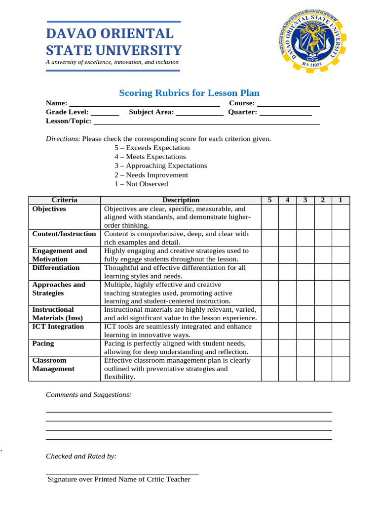 Lesson Plan Scoring Rubrics Guide | PDF