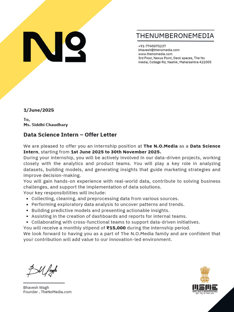 Data Science Internship Offer Letter | PDF