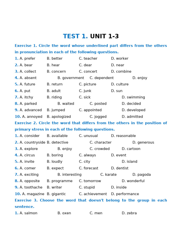TEST 1 FOR UNIT 123 | PDF | Pet